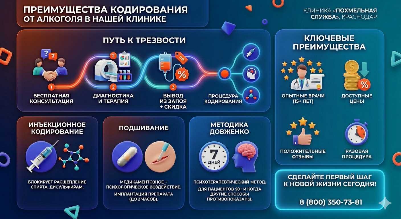 Инфографика о методах кодирования от алкоголя в Невельске: инъекции, подшивание, метод Довженко. Преимущества клиники и этапы лечения.